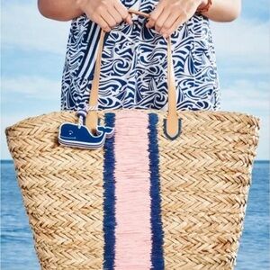 Vineyard Vines x Target large Stylish Straw Tote with Pink and Blue Accents